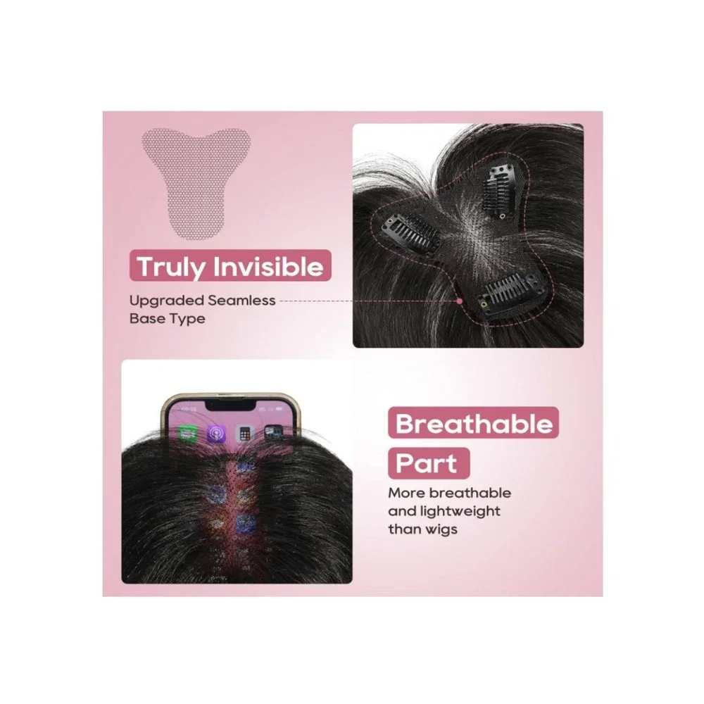 REECHO Real Human Hair Topper with Bangs Natural Black 3D‎ Seamless Clip In 360
